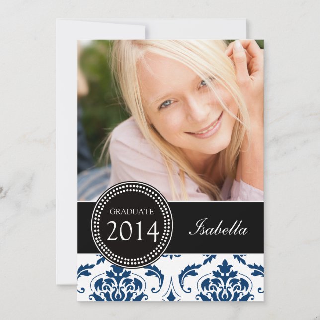 GIRLY NAVY BLUE DAMASK GRADUATE PARTY INVITATION (Front)