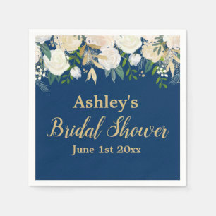 Girly Navy Blue Gold Floral Bridal Shower Party Napkin