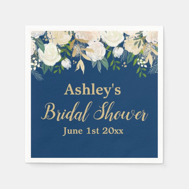 Girly Navy Blue Gold Floral Bridal Shower Party Napkin (Front)