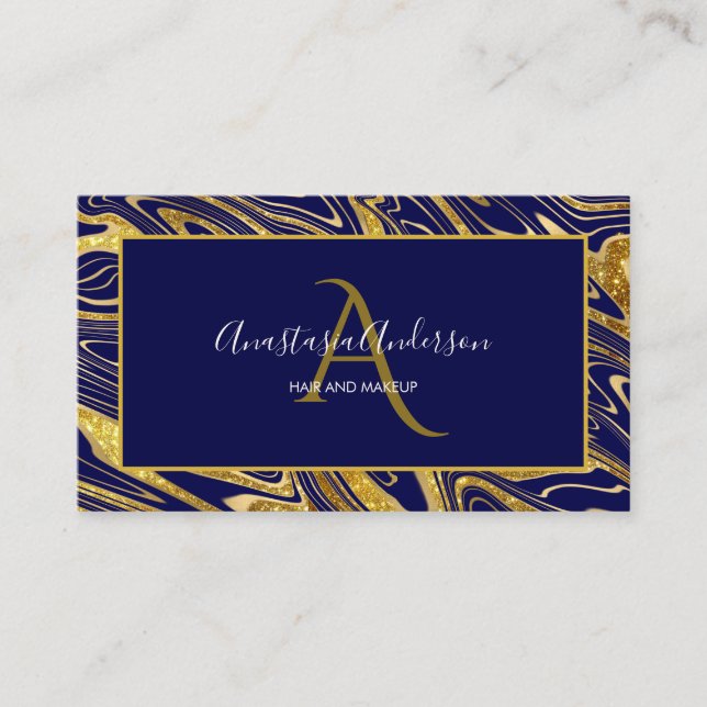 Girly Navy Blue Gold Marble Glitter Glam Monogram Business Card (Front)