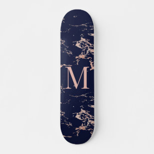Girly Navy Blue Marble Rose Gold Foil Monogram Skateboard