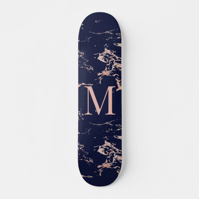 Girly Navy Blue Marble Rose Gold Foil Monogram Skateboard (Front)