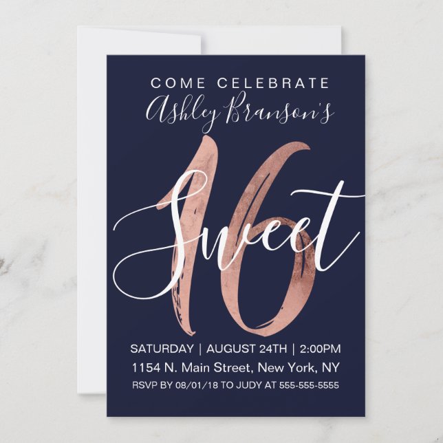 Girly Navy Blue Rose Gold Foil Sweet 16 Invitation (Front)