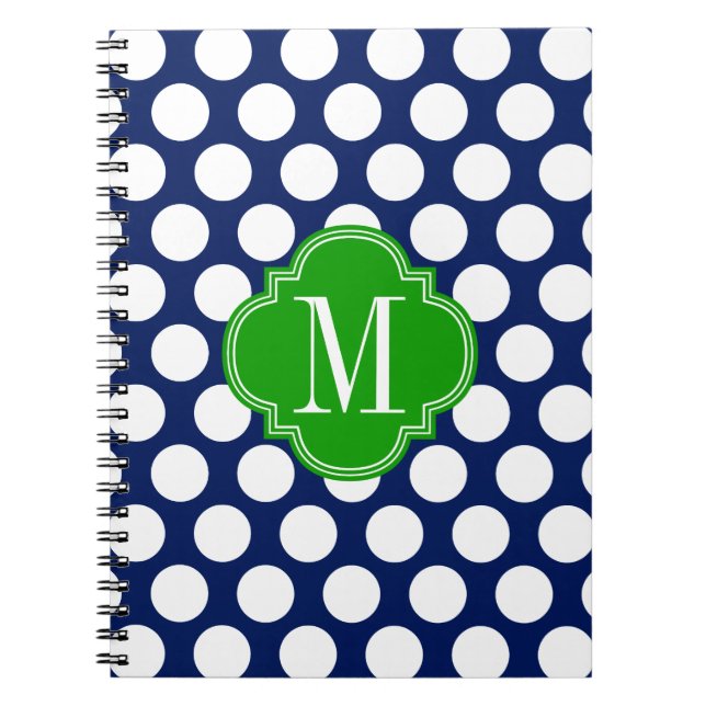 Girly Navy & Green Big Dots Monogrammed Notebook (Front)