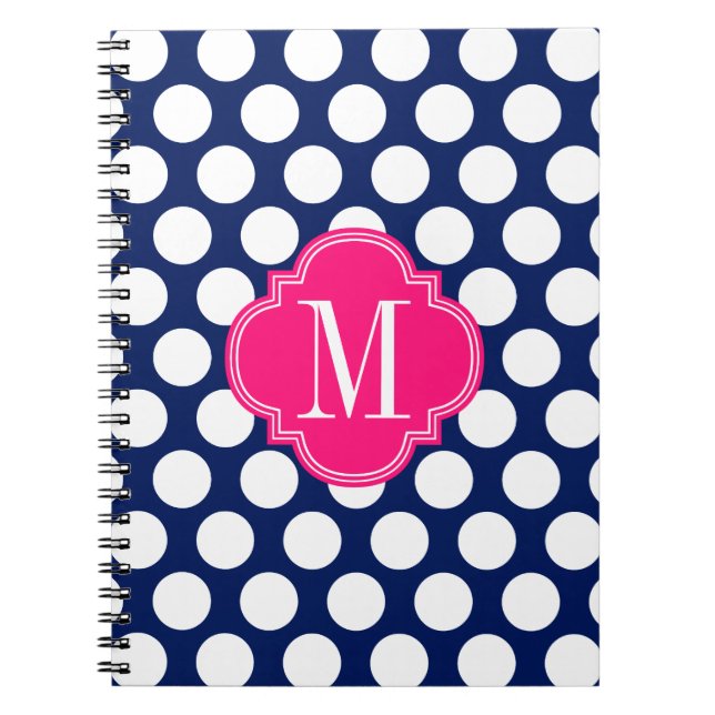 Girly Navy & Pink Big Dots Monogrammed Notebook (Front)