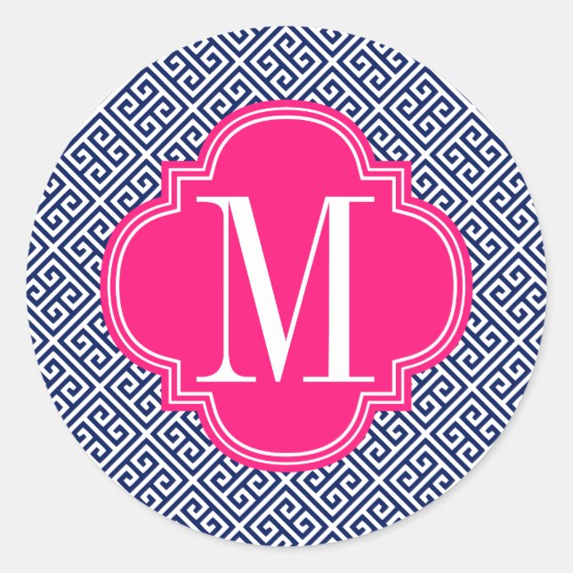 Girly Navy & Pink Greek Key Pattern Custom Classic Round Sticker (Front)