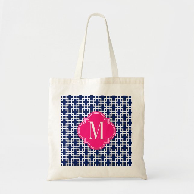 Girly Navy & Pink Squares Pattern Custom Tote Bag (Front)