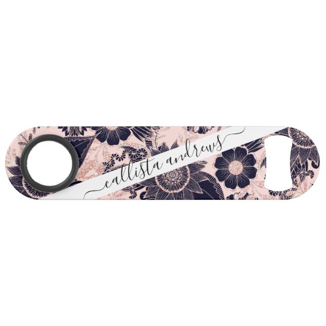 Girly Navy Rose Gold Glitter Floral Illustrations (Front (Horizontal))