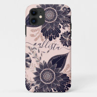 Girly Navy Rose Gold Glitter Floral Illustrations