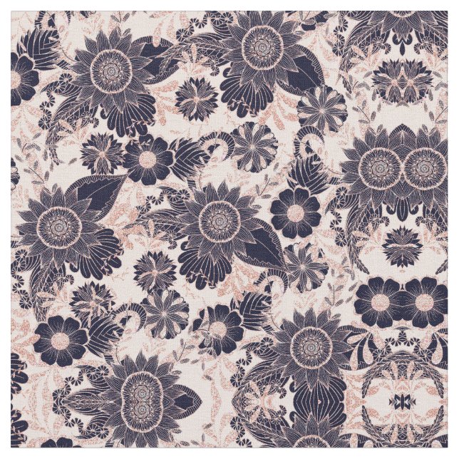 Girly Navy Rose Gold Glitter Floral Illustrations Fabric (Close Up)