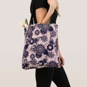Girly Navy Rose Gold Glitter Floral Illustrations Tote Bag