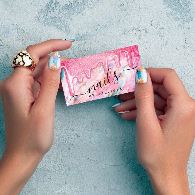 Girly Neon Coral Pearl Opal Glitter Drips Hair Business Card (Creator Uploaded)