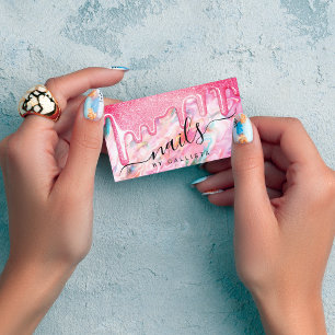 Girly Neon Coral Pearl Opal Glitter Drips Nails Business Card