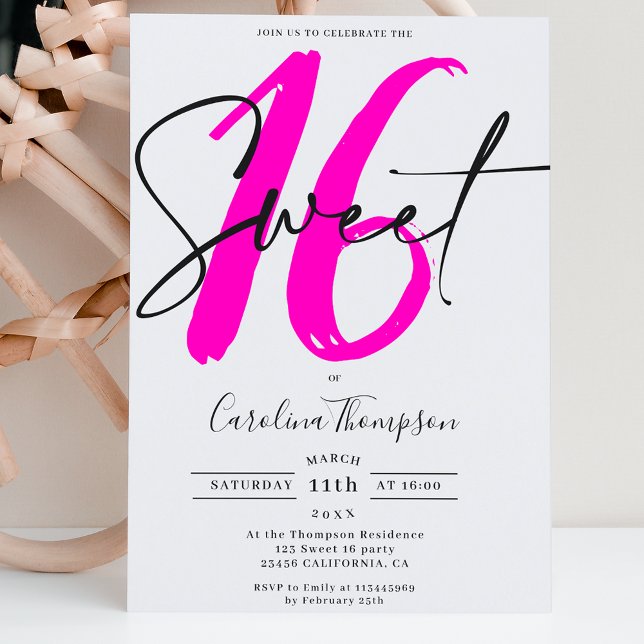 Girly neon pink border script photo Sweet 16 Invitation (Creator Uploaded)
