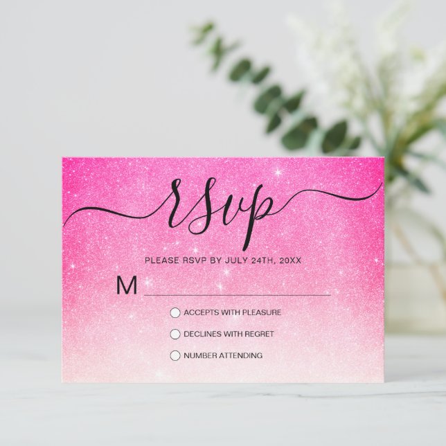 Girly Neon Pink White Glitter Ombre RSVP Card (Standing Front)