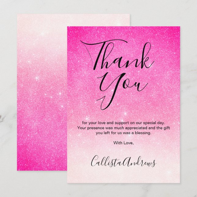 Girly Neon Pink White Glitter Ombre Thank You Card (Front/Back)