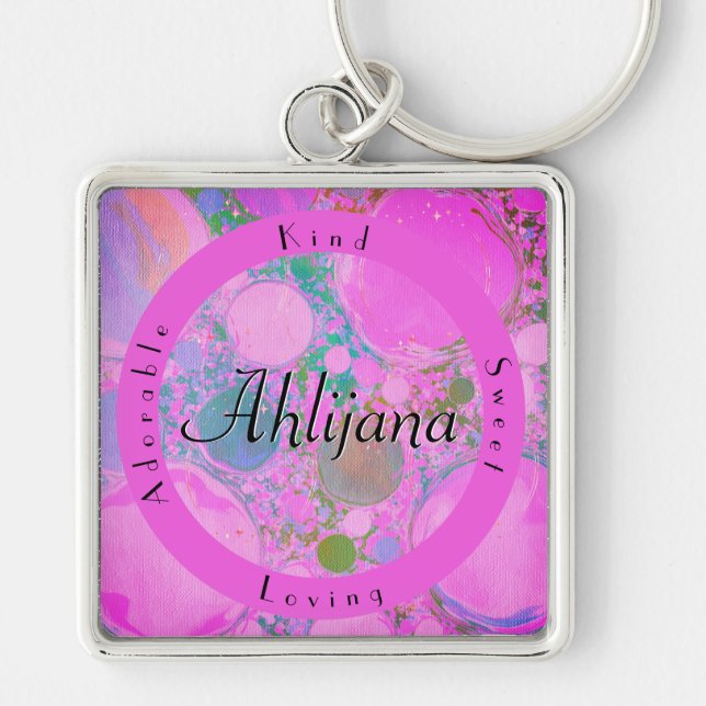 Girly Neon Planets Liquid Art Oil and Acrylic Key Ring (Front)