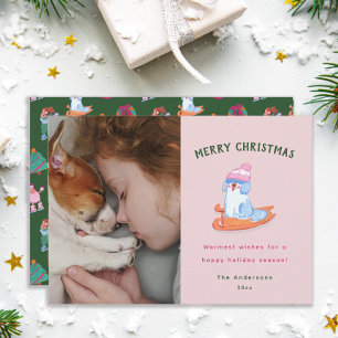 Girly Old English Sheepdog Sledge Pink Christmas Holiday Card