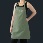 Girly olive green custom script name elegant solid apron<br><div class="desc">Personalised olive green custom modern script name text monogram solid plain colour simple girly stylish elegant chic olive green and white text kitchen Apron. Customise,  personalise it with name,  quote,  phrase,  or text.
Great for cooks,  chefs,  pottery,  ceramics,  crafts,  work,  kitchen,  baking,  bbq,  grill,  etc</div>