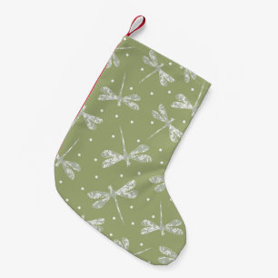 Girly olive green white dots and dragonflies small christmas stocking
