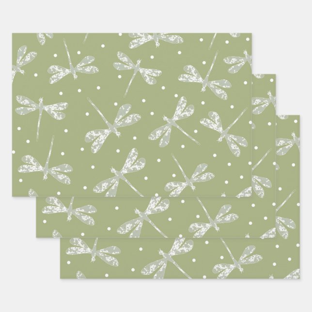 Girly olive green white dots and dragonflies wrapping paper sheet (Set)