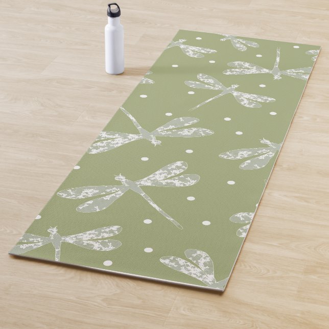 Girly olive green white dots and dragonflies yoga mat (In Situ)