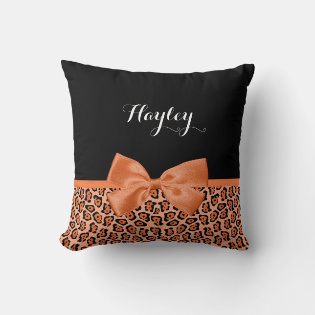 Girly Orange Black Jaguar Cute Ribbon With Name Cushion (Front)
