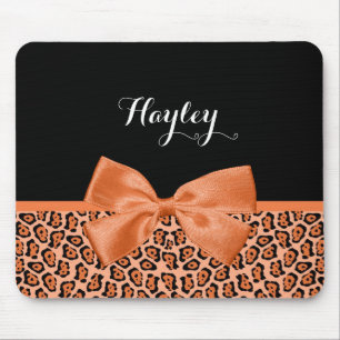 Girly Orange Black Jaguar Cute Ribbon With Name Mouse Mat