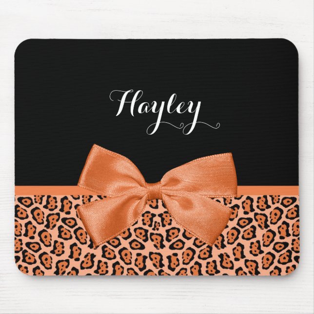 Girly Orange Black Jaguar Cute Ribbon With Name Mouse Mat (Front)