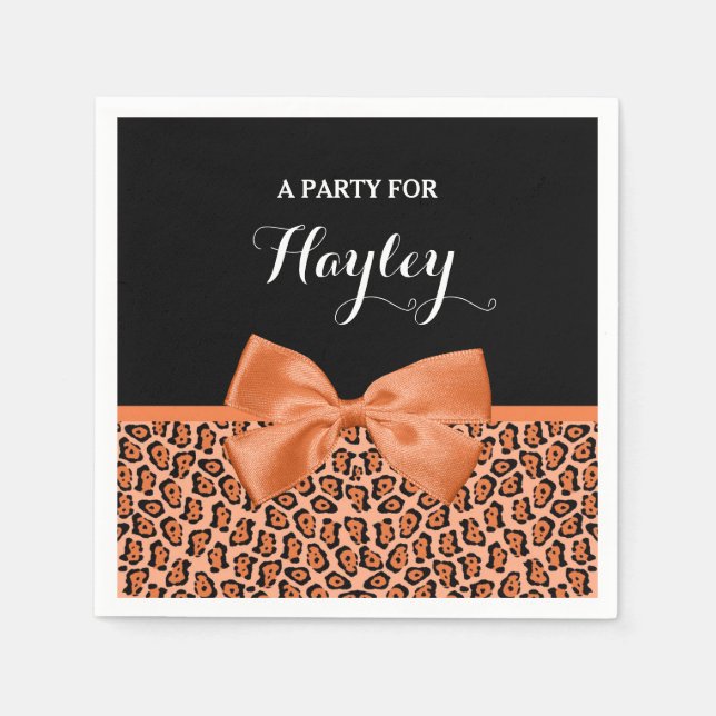 Girly Orange Black Jaguar Cute Ribbon With Name Napkin (Front)