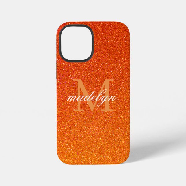 Girly Orange Glitter Sparkles Monogram Script Name iPhone Case (Back)