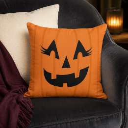 Girly Orange Jack o Lantern Eyelashes Pumpkin Cushion