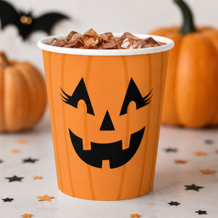 Girly Orange Jack o Lantern Eyelashes Pumpkin Paper Cups