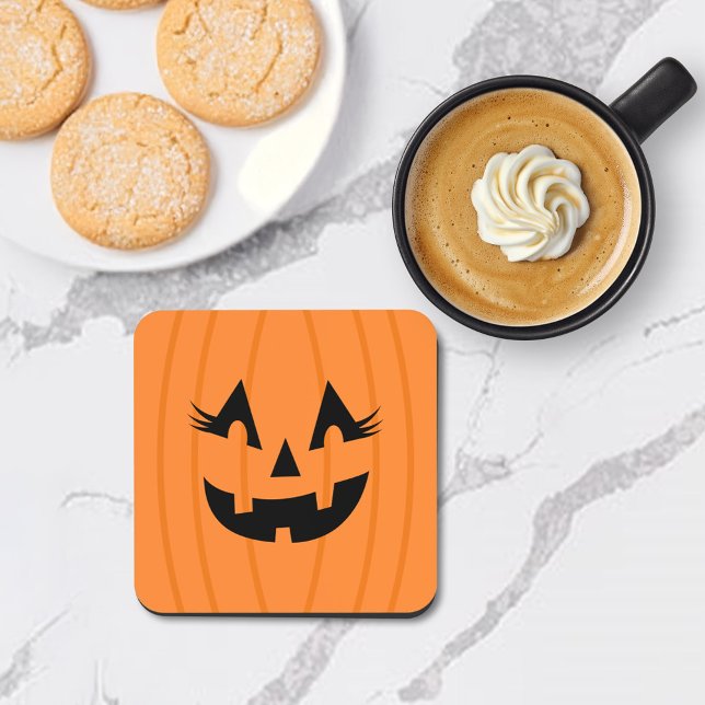 Girly Orange Jack O Lantern Pumpkin Face Halloween Coaster (Creator Uploaded)