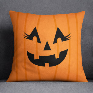 Girly Orange Jack O Lantern Pumpkin Face Halloween Cushion