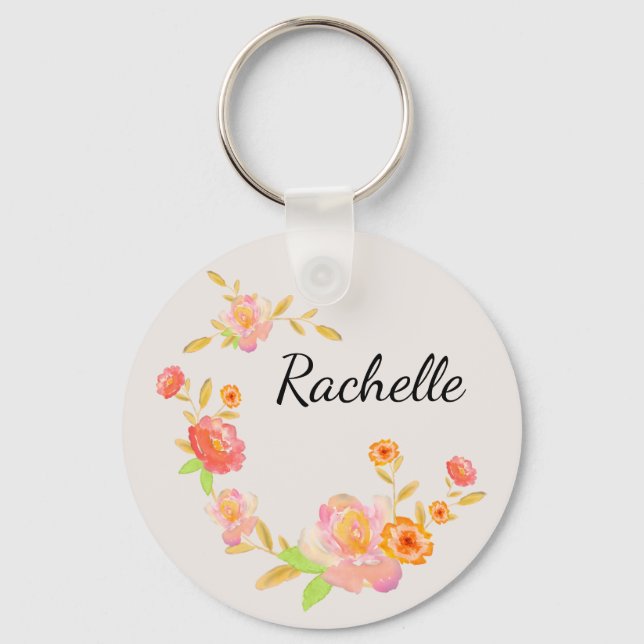 Girly Orange & Pink Floral Monogrammed Key Ring (Front)
