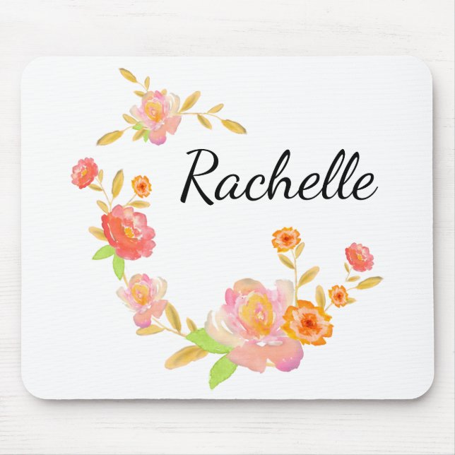Girly Orange & Pink Floral Monogrammed Mouse Mat (Front)
