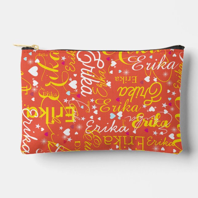 Girly Orange-Red Name, Hearts and Stars Accessory Pouch (Front)