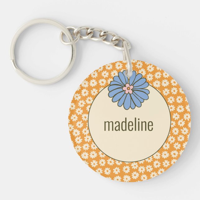 Girly Orange Retro Flower Pattern Key Ring (Front)
