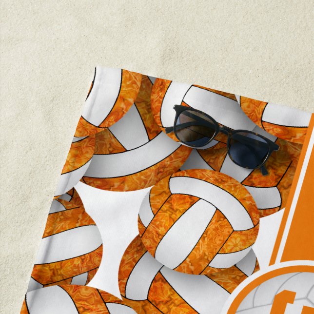 Girly orange white custom volleyball team colours beach towel (In Situ)