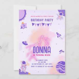 Girly Outer Space Festival Purple Pink Birthday Invitation
