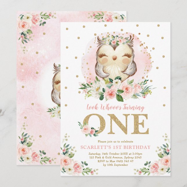 Girly Owl Blush Pink Floral 1st Birthday Party Invitation (Front/Back)