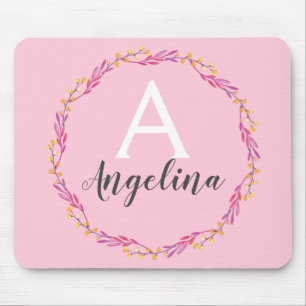 Girly Pale Blush Pink Floral Wreath Monogram Name Mouse Mat