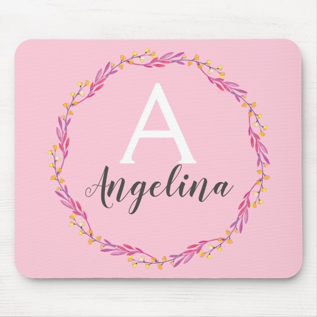 Girly Pale Blush Pink Floral Wreath Monogram Name Mouse Mat (Front)