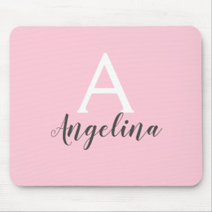 Girly Pale Blush Pink White & Grey Monogram Name Mouse Mat