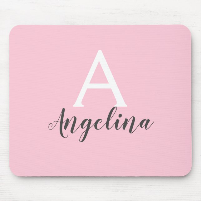 Girly Pale Blush Pink White & Grey Monogram Name Mouse Mat (Front)