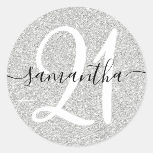 Girly Pale Faux Silver Glitter Personalised 21 Classic Round Sticker
