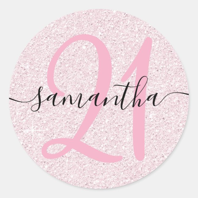 Girly Pale Pink Faux Glitter Personalised 21 Classic Round Sticker (Front)