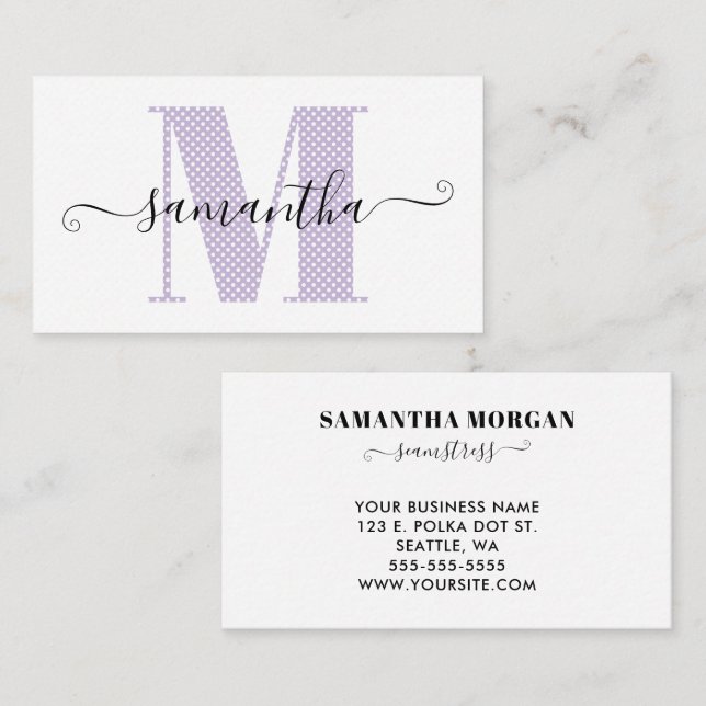 Girly Pale Purple and White Polka Dot Monogram Business Card (Front/Back)
