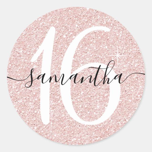 Girly Pale Rose Gold Faux Glitter Personalised 16 Classic Round Sticker (Front)